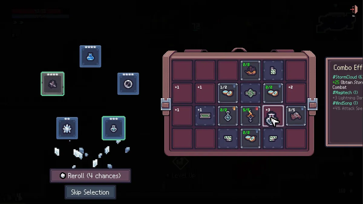 Sephiria artifact selection screen with reroll and skip options