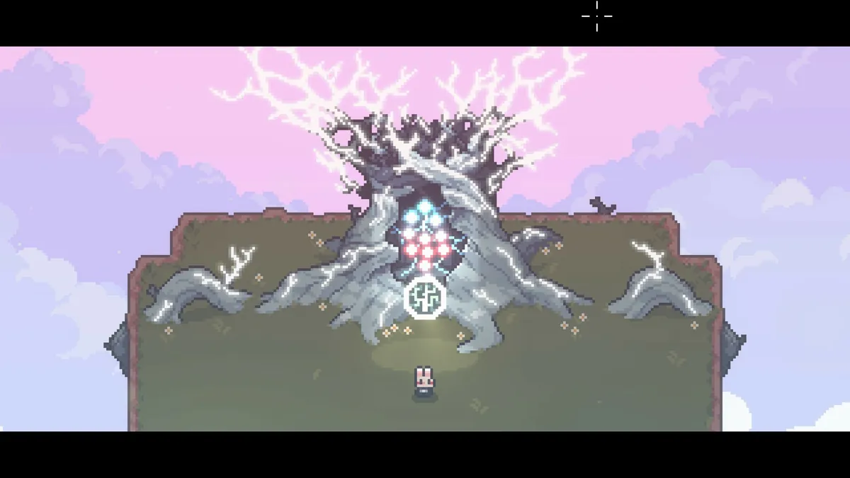 A large tree-like boss encounter in Sephiria under a pink sky