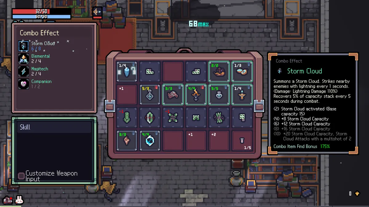 Sephiria inventory grid with the Combo Effect panel showing Storm Cloud thresholds