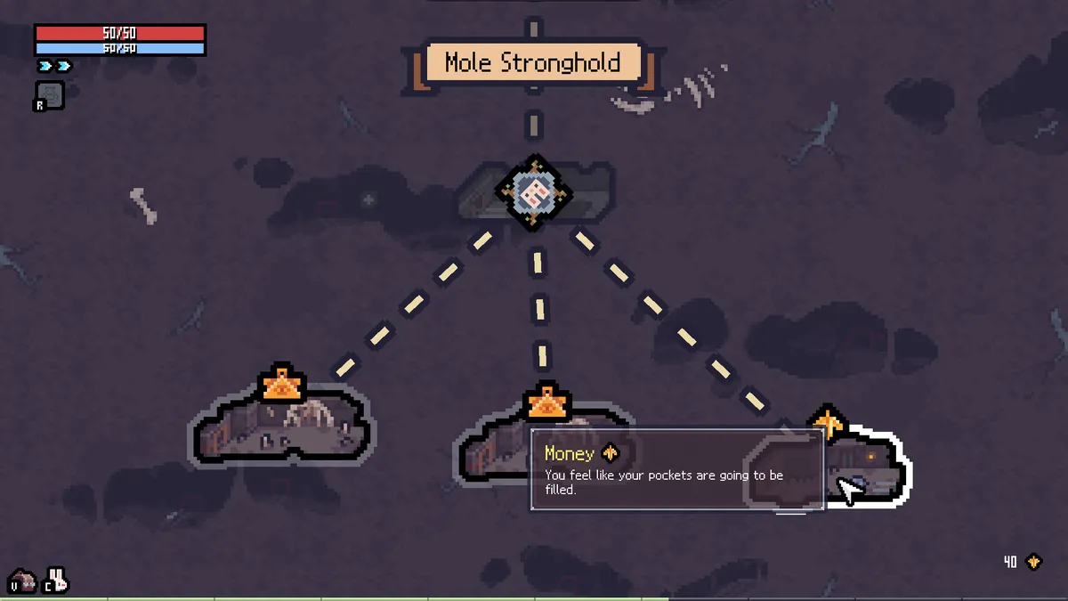 Sephiria route node map showing Mole Stronghold and a Money event choice